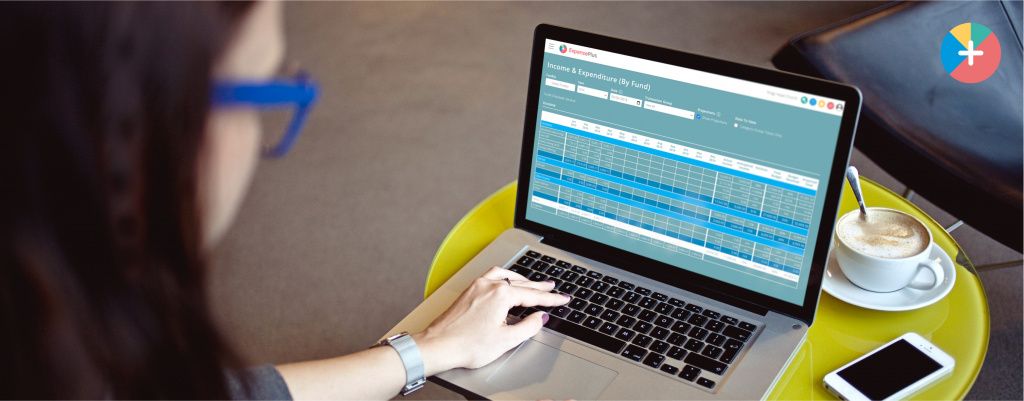 A laptop showing a screen from ExpensePlus fund accounting software