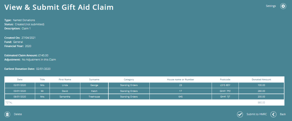 Feature to manage gift aid claims within ExpensePlus