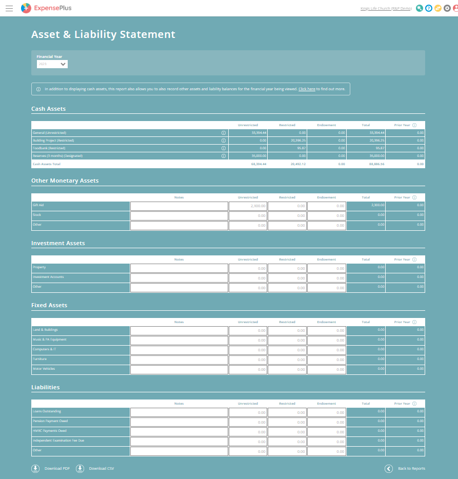 image of asset and liability statement in ExpensePlus for receipts and payments year end accounts